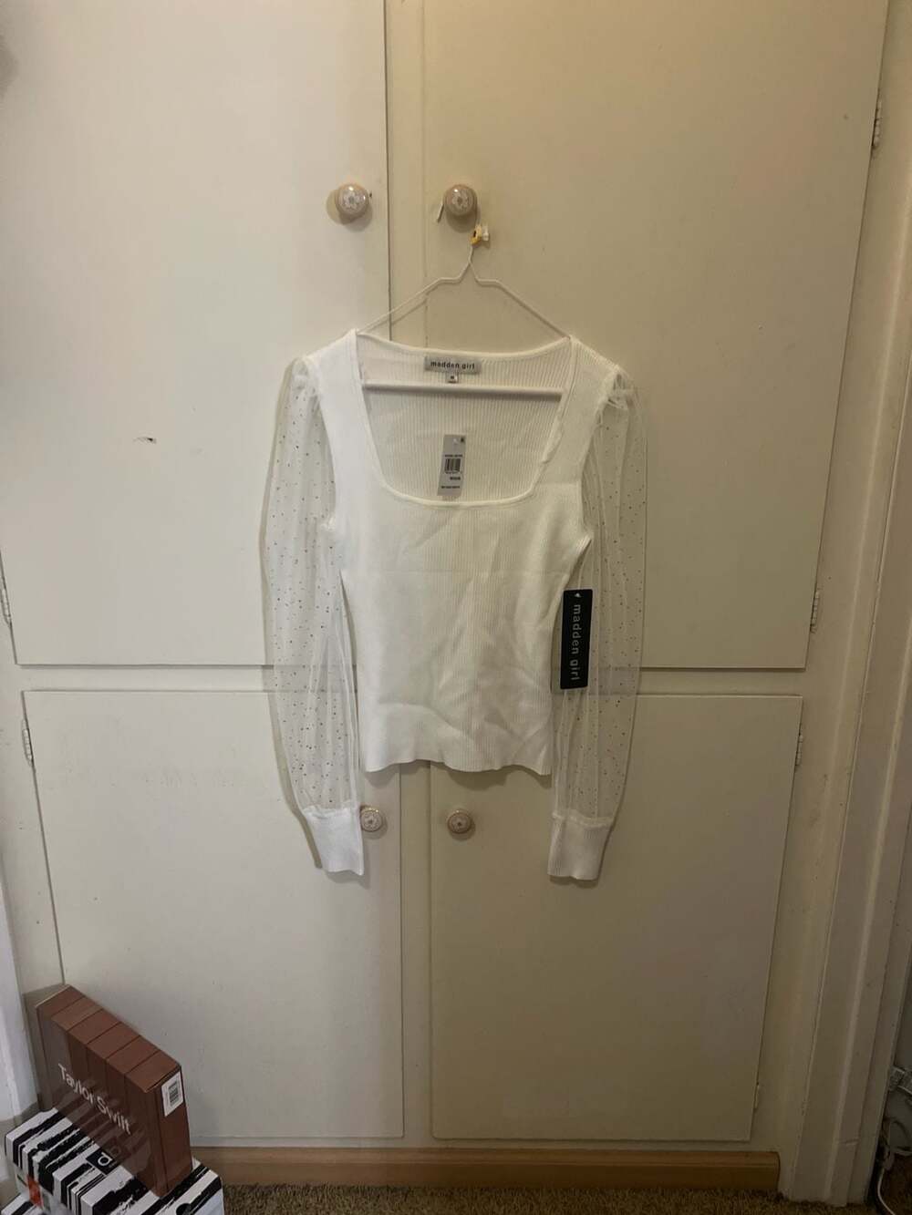 Madden Girl Juniors' Sheer Puff Sleeve Square Neck Ribbed Knit Top